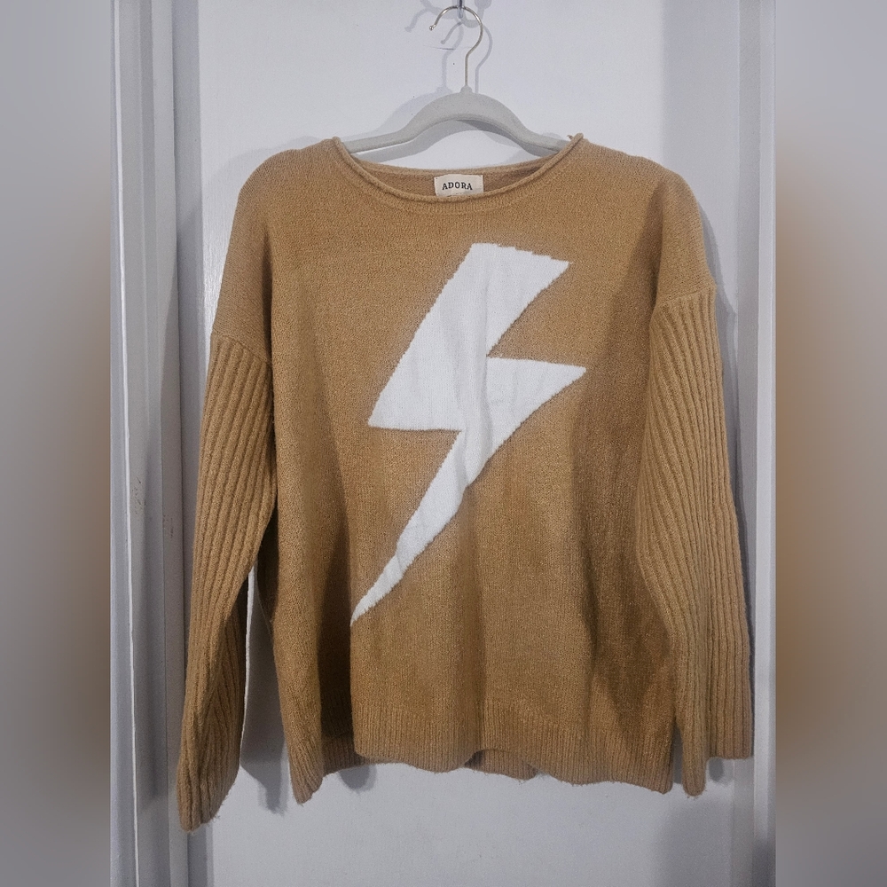 ADORA Camel Sweater with White Lightning Design